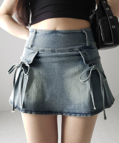 【 ２color ／ ３size 】ヴィンテージライクリボンデニムミニスカパン ／ vintage like ribbon denim mini skirt pants