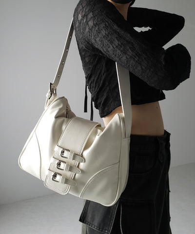 【 ３color 】ベルテッドフェイクレザーショルダーバッグ ／ belted fake leather shoulder bag