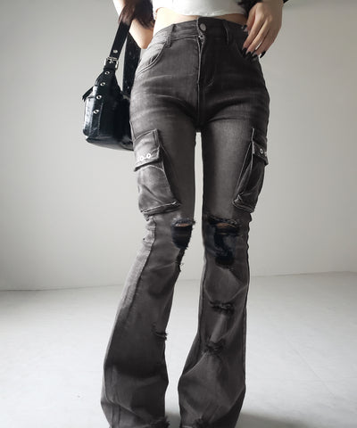 【 ２color ／ ４size 】カーゴデザインヴィンテージライクダメージストレッチフレアデニム ／ cargo design vintage-like damage stretch flare denim