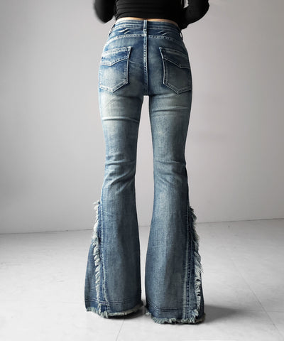 【 ２color ／ ４size 】ヴィンテージライクフリンジストレッチフレアデニム ／ Vintage-like fringe stretch flare denim