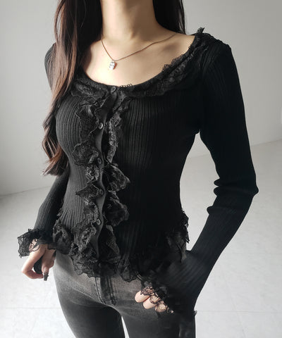 【 ３color 】レースフリルドッキングリブニットカーディガン ／ lace frill docking rib knit cardigan