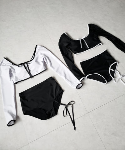 【 レディース水着／２点セット 】フロントリボンモノトーンハイウエストビキニ ／ front ribbon monotone high waist bikini