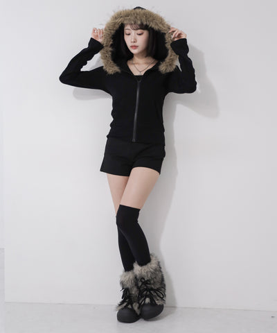 フェイクファーフーディジップアップパーカー ／ fake fur hooded zipup hoodie