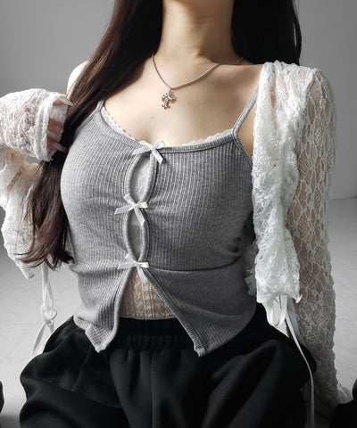 フロントリボンレースレイヤードリブキャミソール ／Front ribbon lace layered ribbed camisole