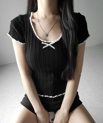 【 ２color 】ミニリボンオープンネック半袖ニットトップス ／ mini ribbon open neck short sleeve knit tops