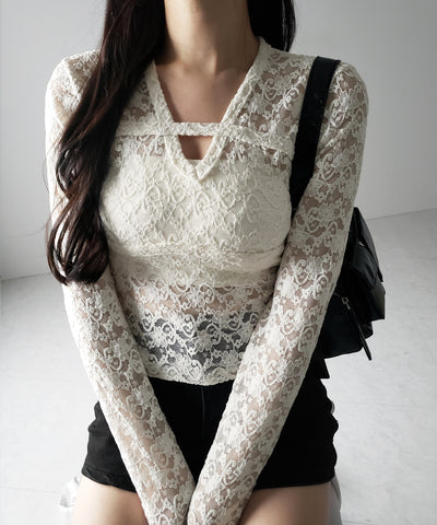 【 ２color 】Vネックスリムラインレーストップス ／ V-neck slimline lace tops