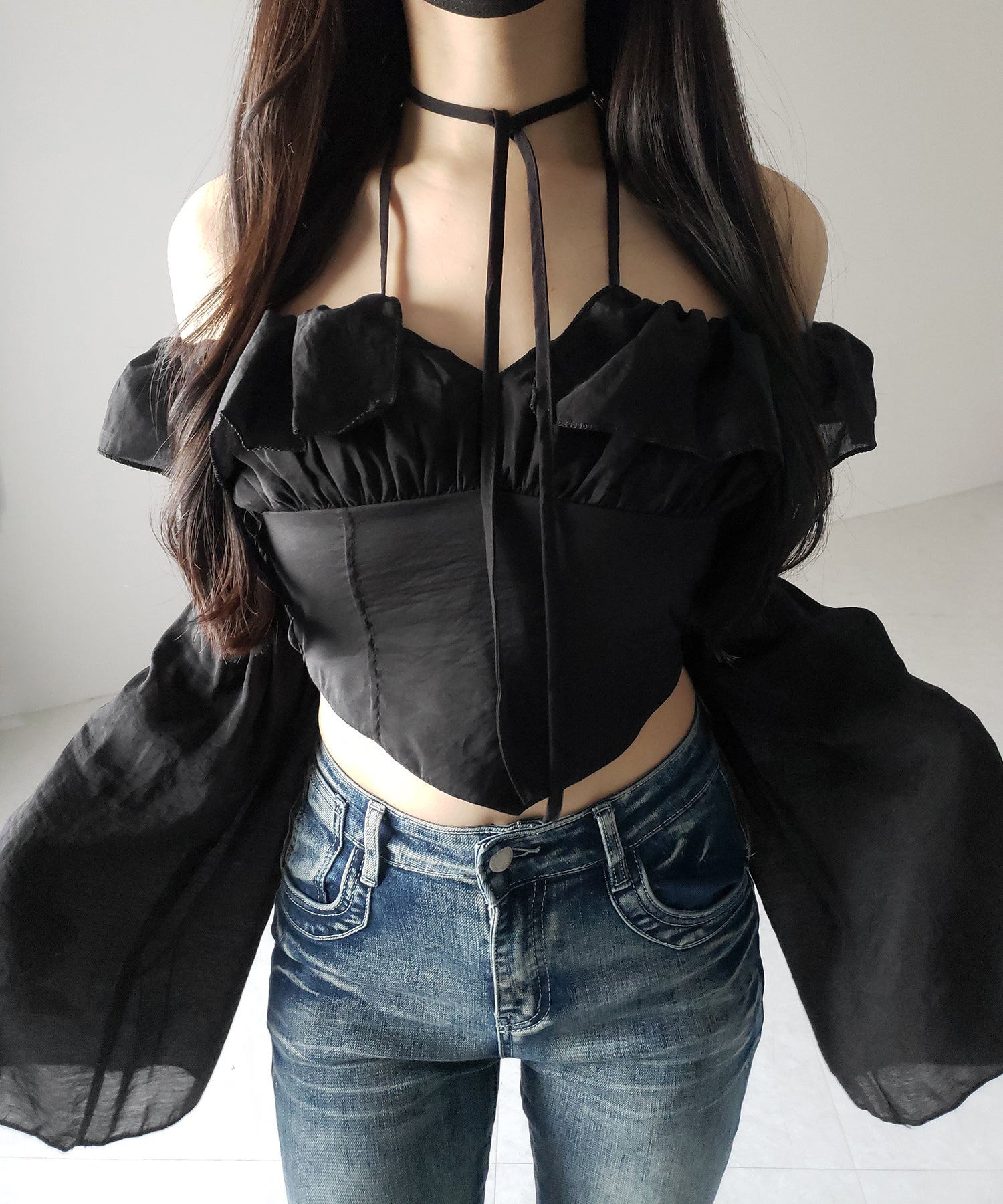 【 ２color ／ ３WAY 】チョーカーリボンフレアスリーブオフショルブラウス ／ choker ribbon flare sleeve off-shoulder blouse