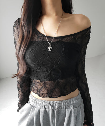 【 ２color ／２WAY 】ワンショルルーズシアーレーストップス ／ one shoulder loose sheer lace tops