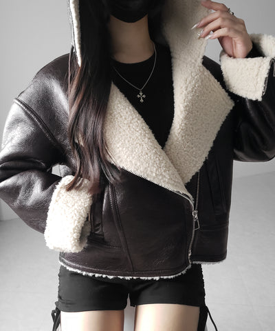 ヴィンテージレザーフーディボアムートンジャケット ／ vintage leather hoodie boa mouton jacket