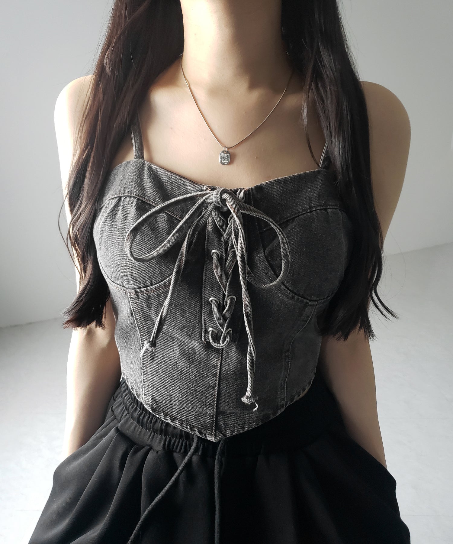 【 ２color 】レースアップリボンコルセットデニムビスチェ ／ lace up ribbon corset denim bustier