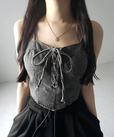 【 ２color 】レースアップリボンコルセットデニムビスチェ ／ lace up ribbon corset denim bustier