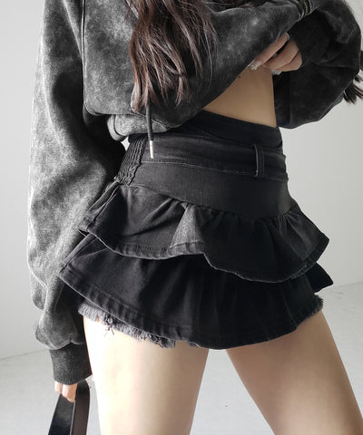 【 ２color 】ベルテッドフリルヴィンテージデニムミニスカパン ／ Belted frill vintage denim mini skirt pants