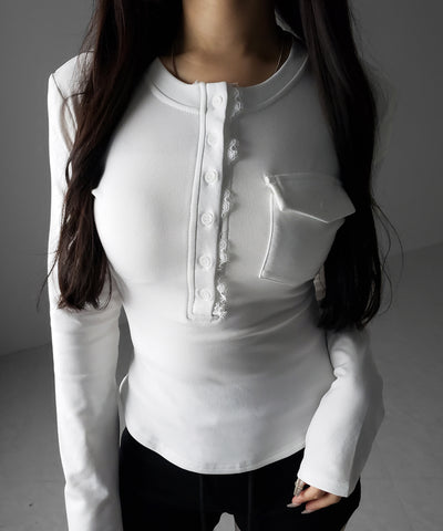 【 裏起毛 】レースドッキングヘンリーネックトップス ／ lace docking henley neck tops