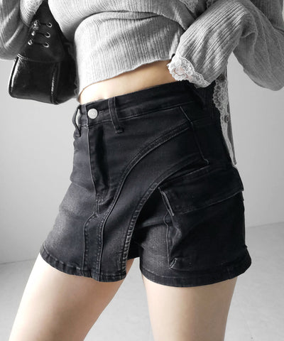 カーゴポケットレイヤードデニムミニスカパン ／ cargo pocket layered denim mini skirt pants