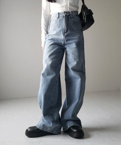 【 ３color ／ ４size 】サイドタック切替ハイウエストストレートデニム ／side tack kirikae highwaist straight denim