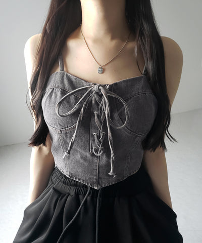 【 ２color 】レースアップリボンコルセットデニムビスチェ ／ lace up ribbon corset denim bustier