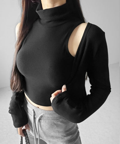 【 裏微起毛 ／ 2点セット 】ハイネックノースリーブトップス ＋ ショートカーディガン SET ／ high neck nosleeve tops + short cardigan SET