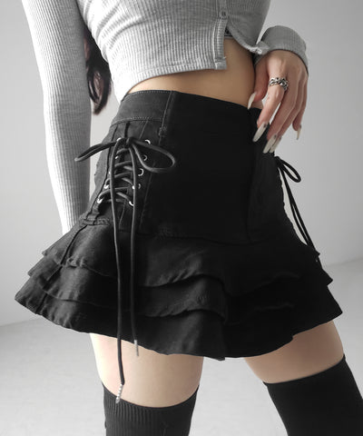 【 インパン裏地付 】レースアップブラックフリルミニスカート ／ laceup black frill mini skirt