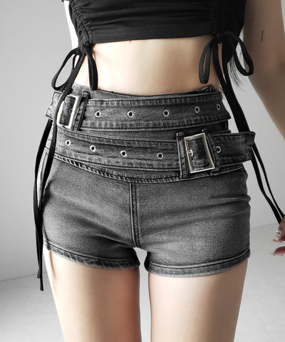ダブルベルテッドマイクロミニデニムショートパンツ ／ double belted micro mini denim short pants
