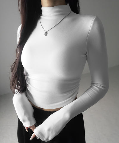 【 カップ付き ／ 裏起毛 】プチハイネックシャーリングショートカットソートップス