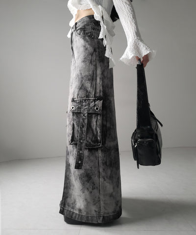 【 ３SIZE 】クラッシュブリーチセンタースリットカーゴデニムスカート ／ crash bleach center slit cargo denim skirt