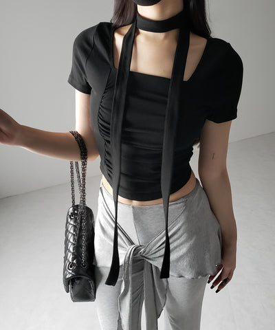 【 ２WAY 】チョーカーロングタイ付き スクエアネックギャザースリムＴシャツ ／ choker long tie SET square neck gather slim sleeve T-shirt