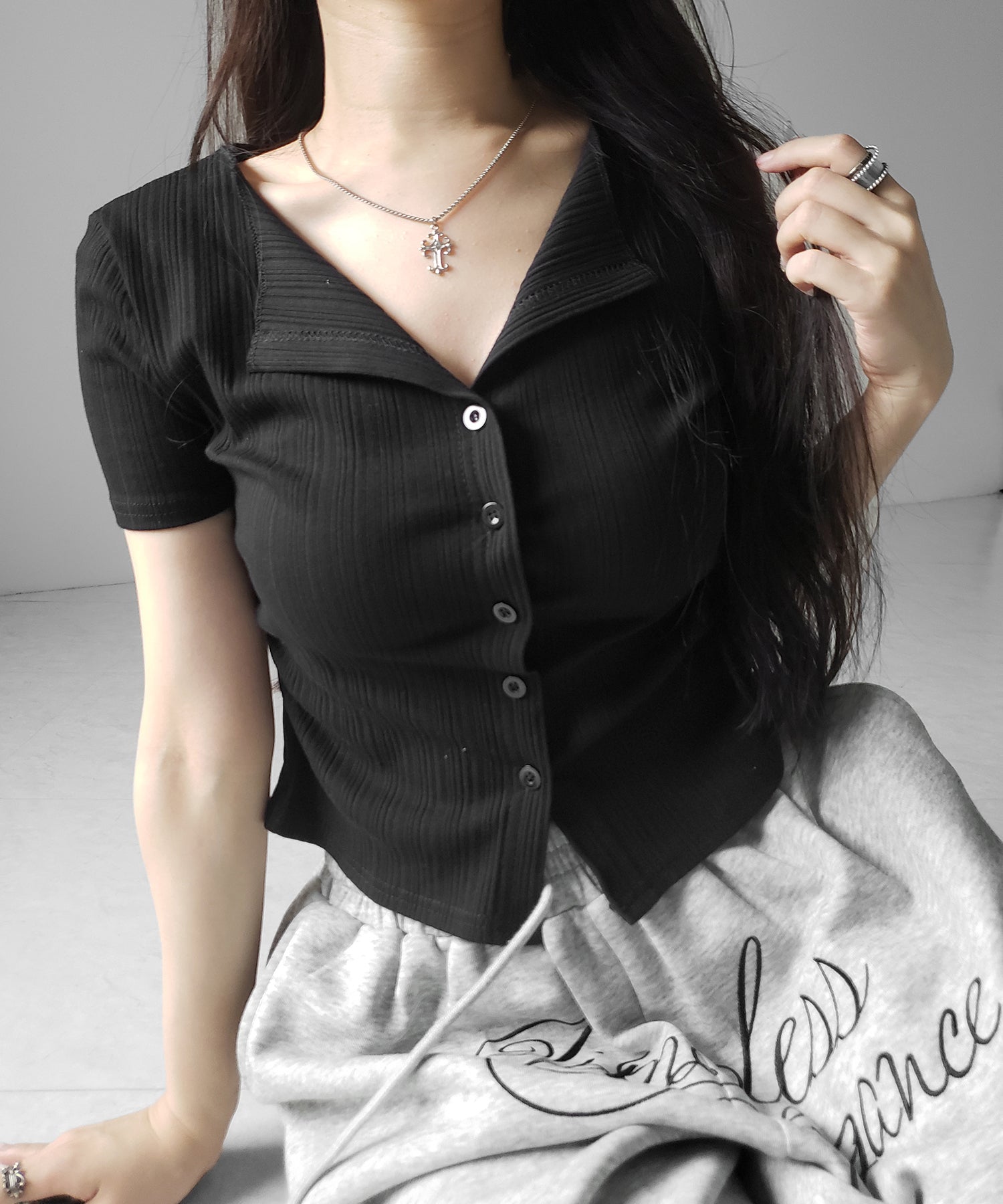 フロントボタン半袖リブカーデトップス ／ front button short sleeve lib cardigan tops