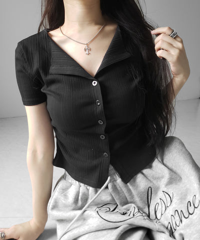 フロントボタン半袖リブカーデトップス ／ front button short sleeve lib cardigan tops