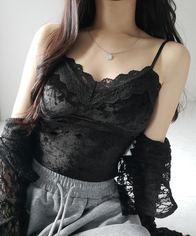 【 カップ付き 】ダブルレースベロアショートビスチェキャミソール ／ double lace velor short bustier camisole