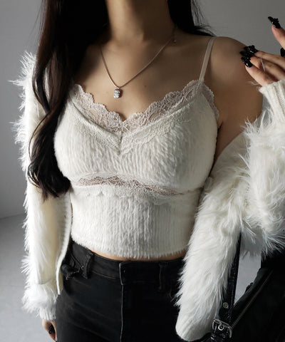 【 カップ付き 】ダブルレースシャギーファーショートビスチェキャミソール ／ double lace shaggy fur short bustier camisole