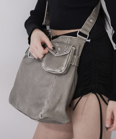 【 A4収納可 】ミニポーチ付きスタッズベルトヴィンテージフェイクレザーショルダーバッグ ／ mini poach SET studs belt vintage fake leather shoulder bag