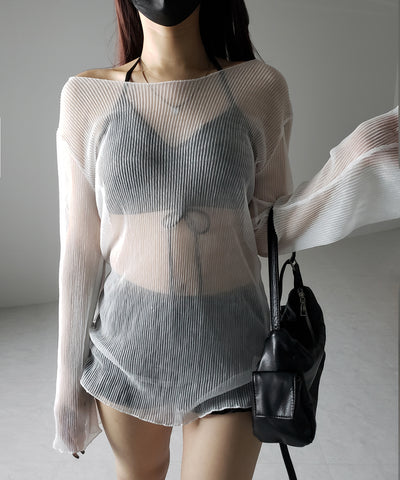 【 レディース水着／３点セット 】シアートップス付き　フロントリボンホルターネックハイウエストビキニ ／ sheer tops set front ribbon halter neck high waist bikini