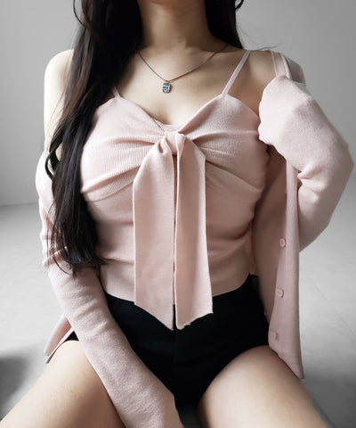 【 ２点セット 】リボンニットキャミソール ＋ カーディガンセット ／ribbon knit camisole + cardigan SET