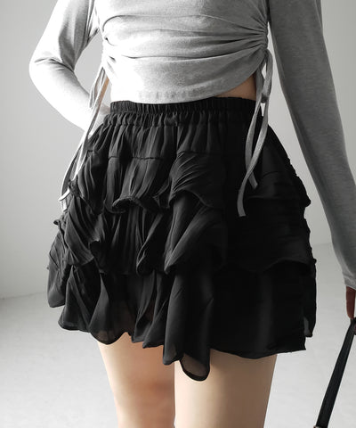 【 インパン裏地付 】３段クリンクルシアーフリルボリュームミニスカート ／ crinkle sheer frill volume mini skirt