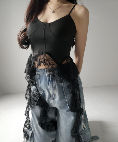 【 ２color 】レースフリルレイヤードビスチェキャミソール ／ lace frill layered bustier camisole