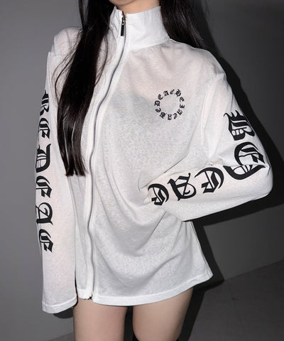 グランジロゴスタンドジップアップオーバーシアートップス ／ grunge logo stand zipup over sheer tops