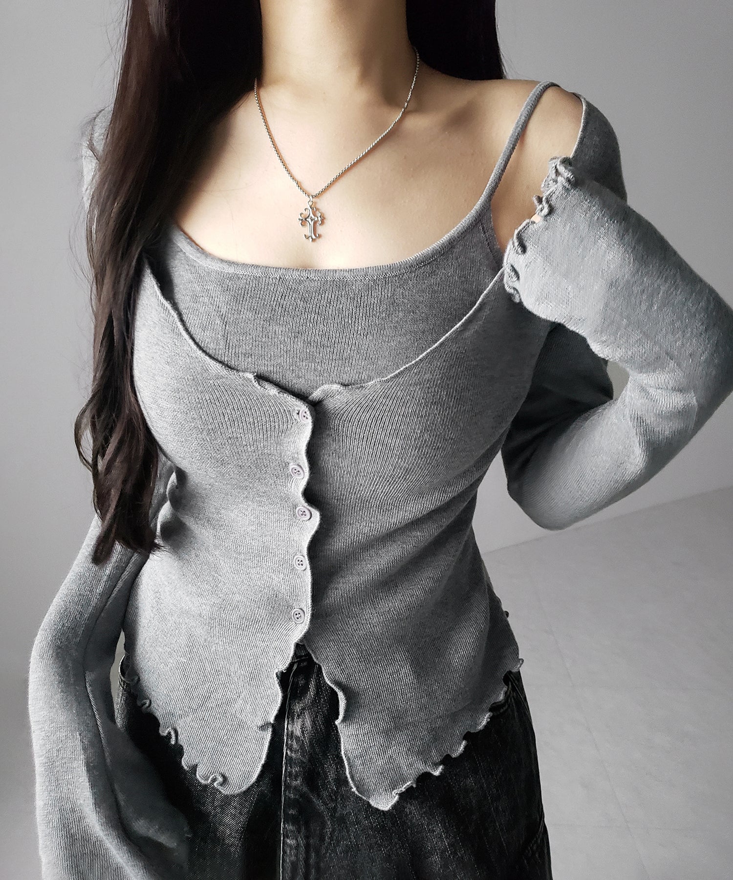 レイヤード風メロースリムニットカーディガン ／ layered mellow slim knit cardigan