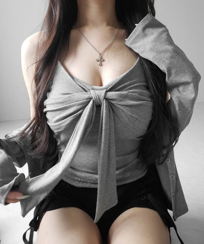 【 ２点セット 】リボンカットソーキャミソール ＋ カーディガンセット ／ribbon cutsew camisole + cardigan SET