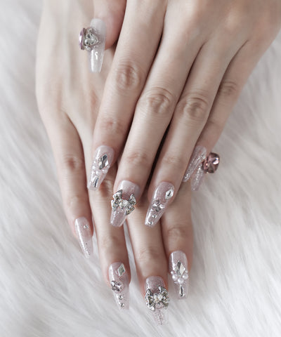 ビジューリボンピンクラメグラデワンホンガーリーネイルチップ／bijou ribbon pink glitter gradation wanghong girly nail tips
