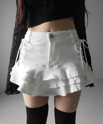 【 インパン裏地付 】レースアップブラックフリルミニスカート ／ laceup black frill mini skirt