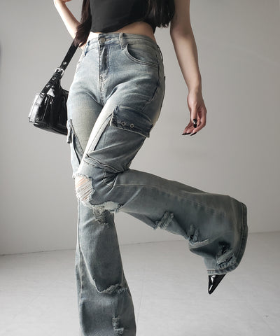 【 ２color ／ ４size 】カーゴデザインヴィンテージライクダメージストレッチフレアデニム ／ cargo design vintage-like damage stretch flare denim