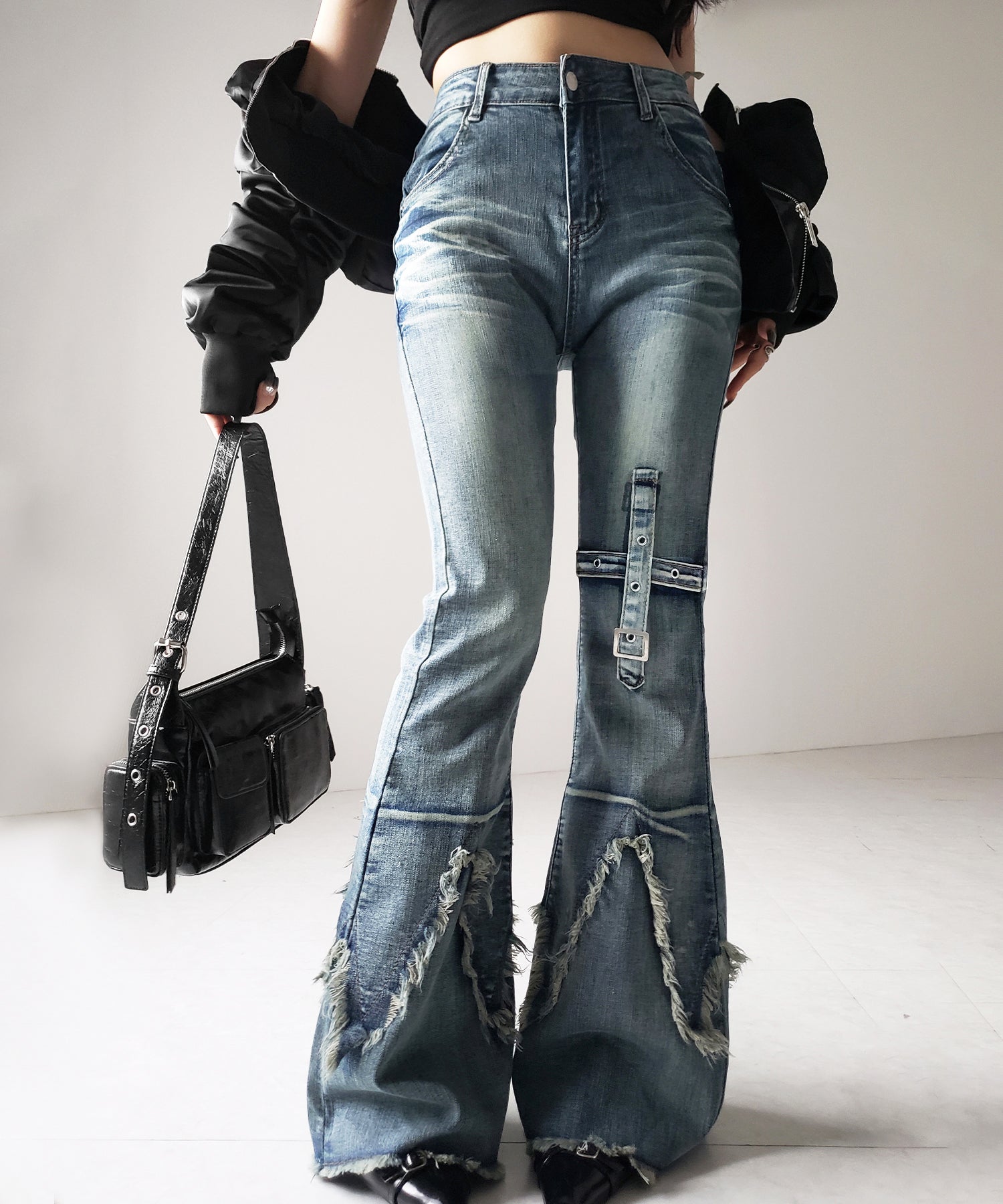 【 ２color ／ ４size 】クロスデザインヴィンテージライクフリンジストレッチフレアデニム ／ cross design vintage-like fringe stretch flare denim