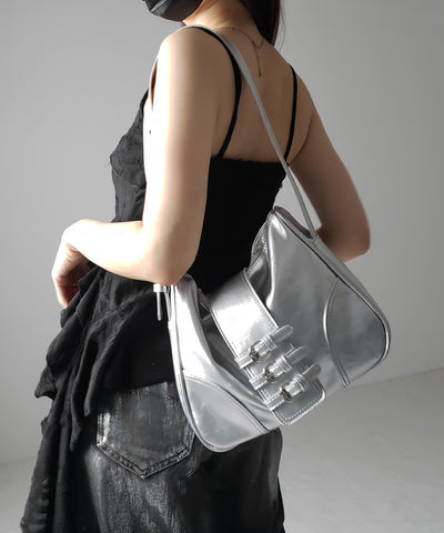 【 ３color 】ベルテッドフェイクレザーショルダーバッグ ／ belted fake leather shoulder bag