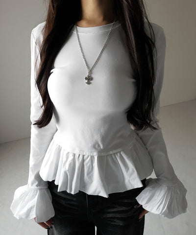 【 ２color 】裾バルーンフリルカットソートップス ／ hem balloon frill cutsew tops