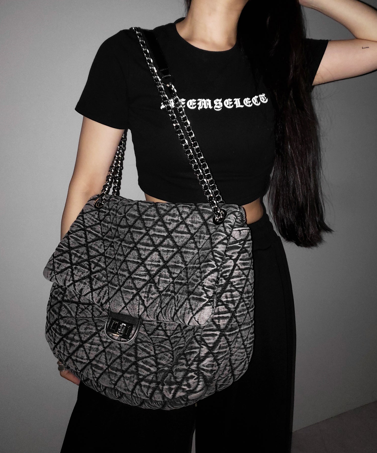 ヴィンテージブラックデニムキルティングショルダーバッグ ／ vintage black denim quilting shoulder bag