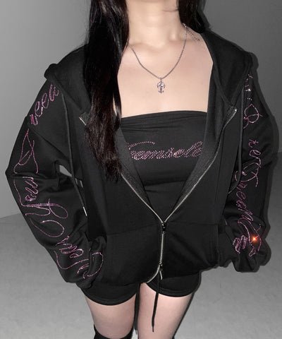【 セットアップ可能 】ラインストーンロゴダブルジップパーカー ／ Rhine stone logo double zip hoodie