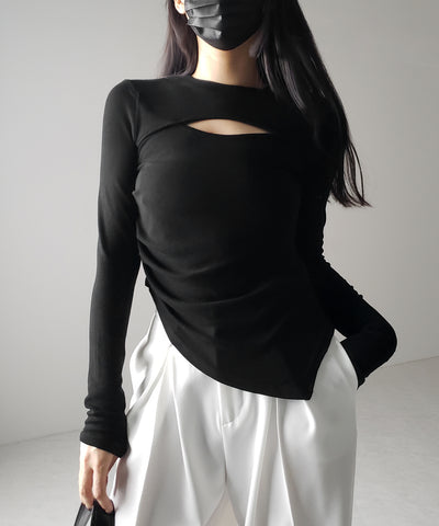 【 ３color 】カットアウトサイドシャーリングアシンメトリートップス ／ cut-out side shirring asymmetry tops