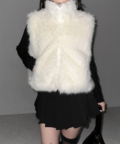 【 ポケット付 】スタンドネックジップアップフェイクファーベスト ／ stand neck zipup fake fur vest