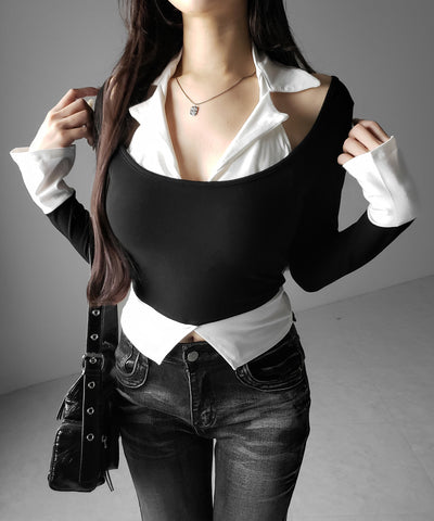カットアウトフェイクレイヤード長袖Ｔシャツ ／ shirts like cutout fake layered long sleeve T-Shirt