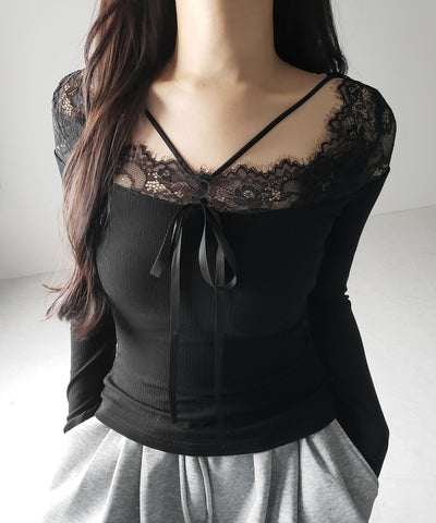 【 ２color 】クロスストラップレース切替リブトップス ／ cross strap lace switching ribbed tops